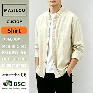 Camisa Casual de Hombre de Lino/Algodón, Manga Larga, Cuello Camisero, Diseño Sólido Tejido, Estilo Urbano y Casual - Product Image 1