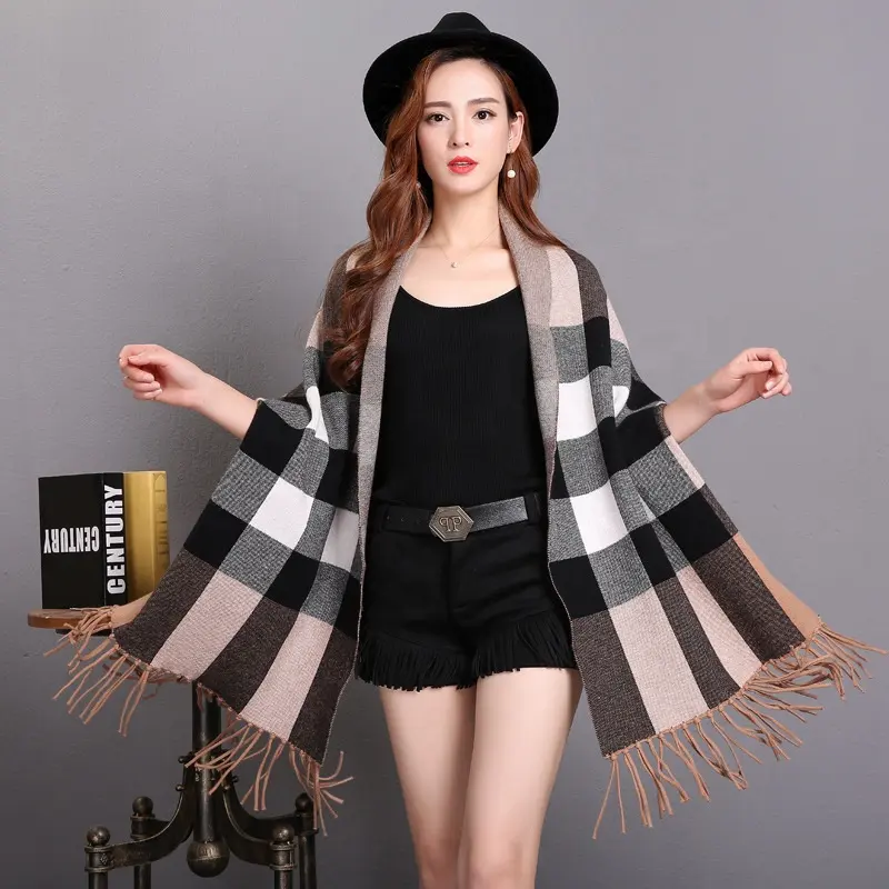 stock Winter Poncho with Sleeves for ladies Khaki Viscose Cotton Long Plaid Pattern Scarf Wool Shawl