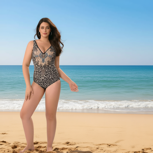 Costume da bagno intero HDJ Plus Size con stampa leopardata, scollo a V profondo, vita alta e controllo pancia, da donna BZ77112 - Product Image 3