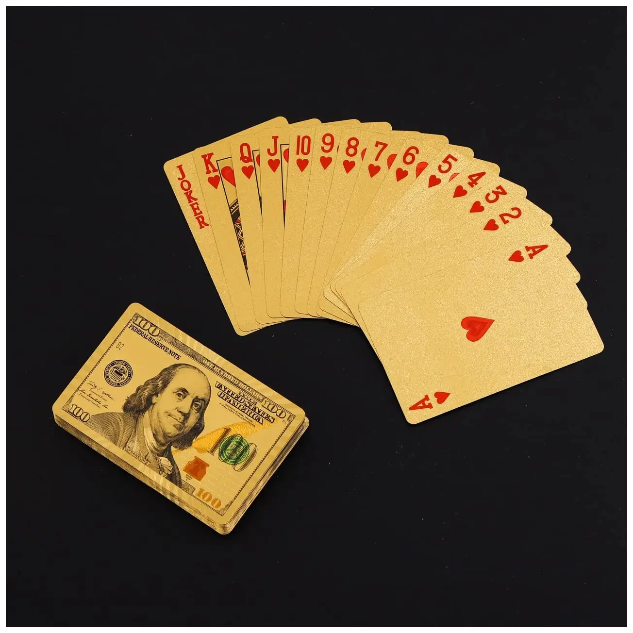 플라스틱 포커 2023 공장 새로운 럭셔리 골드 호일 달러 플라스틱 포커 다시 인쇄 카드 달러 포커 카드 놀이 카드 플라스틱