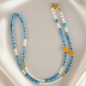 Collier bohème en perles turquoise et perles <span class=keywords><strong>de</strong></span> culture, collier fait main avec pierres bleues et accents jaunes, <span class=keywords><strong>bijou</strong></span> d'été pour la clavicule - Product Image 5