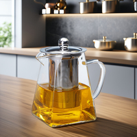 Théière en verre soufflé à la main 420 ml 15 oz, bouilloire en verre borosilicate, compatible avec les plaques de cuisson, ensemble théière carrée en verre