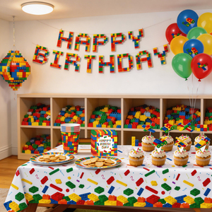 640433 Ensemble de 209 pièces sur le thème des blocs de construction <span class=keywords><strong>pour</strong></span> fête d'anniversaire - Kit complet de décoration et de vaisselle adapté à toutes <span class=keywords><strong>les</strong></span> décorations de fête - Product Image 1