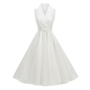 Robes midi décontractées d'été pour femmes, sans manches, style rétro, <span class=keywords><strong>robe</strong></span> <span class=keywords><strong>Hepburn</strong></span>, années 1950, 1960, rockabilly, blanche, pin-up, fête, bal, swing - Product Image 1
