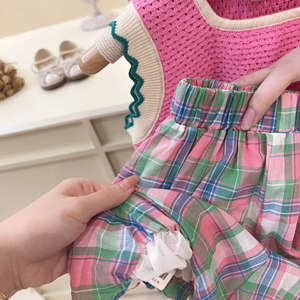 Tongxingyuan Girls Summer Knitted Vest Plaid Shorts Set Cotton Baby Outfit Thin Fabric Kids Clothing - Product Image 2