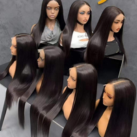 Perruque vietnamienne lisse en cheveux humains, dentelle transparente, noir naturel, soyeuse, longue, pour femmes noires