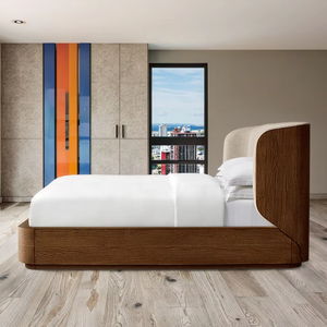 Tempat Tidur Kayu Solid Desain Kotak Modern Vintage dengan Pelapis Kain - Product Image 4