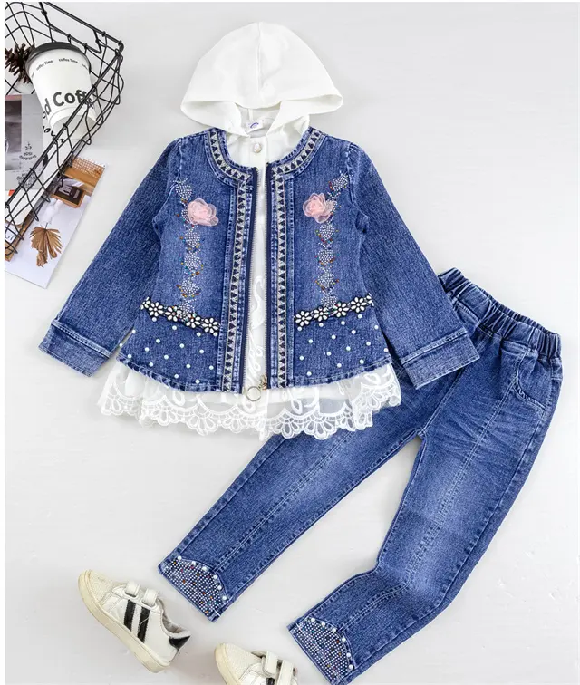 Roupas infantis versão coreana camiseta de renda terno da menina do bebê casaco jeans infantil conjunto de moda de três peças