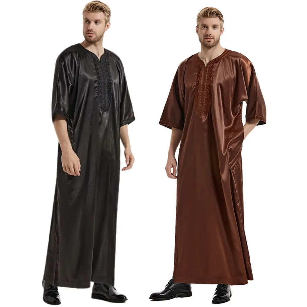 Yeni varış orta doğu müslüman erkekler saten uzun kollu işlemeli Robe katı renk fas Daffah Thobe