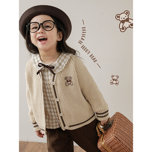 2023 New Girls' College Style due pezzi <span class=keywords><strong>Plaid</strong></span> per <span class=keywords><strong>bambini</strong></span> Teddy Bear Cable Logo ricamato College Shirt/Cardigan - Product Image 3