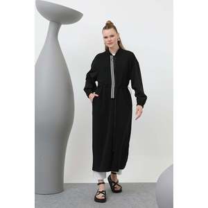 Vestido de Mujer con Cierre Frontal y Detalle a Rayas con Cintura Ajustable - 15198ELB - NEGRO - Product Image 1
