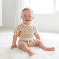 Ensemble de vêtements pour bébé en coton tricoté à carreaux personnalisable, col rond, manches courtes, 2 pièces