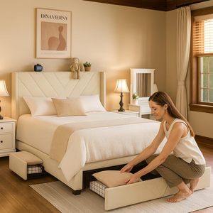 Dark Grey King Bed Frame <strong>USB</strong> Type-C Charging <strong>Ports</strong> Modern Style Metal <strong>Upholstered</strong> Platform Padded <strong>Headboard</strong> Storage Drawers - Product Image 2
