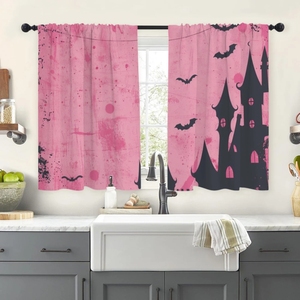 Cortina <span class=keywords><strong>de</strong></span> cocina rosa <span class=keywords><strong>de</strong></span> Halloween, cortina corta para ventana con diseño <span class=keywords><strong>de</strong></span> <span class=keywords><strong>castillo</strong></span> <span class=keywords><strong>de</strong></span> <span class=keywords><strong>terror</strong></span> negro y murciélagos, cortinas <span class=keywords><strong>de</strong></span> café <span class=keywords><strong>de</strong></span> 2 paneles personalizables - Product Image 1