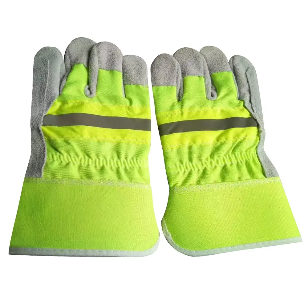 GL1014 Fluorescent Yellow Green Traffic Work Gloves High visibility Cow leather palm Safety hand gloves