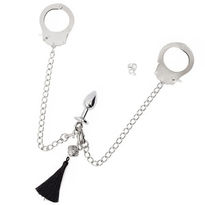 Ensemble de plugs anaux en métal avec chaîne et pompon noir pour stimulation adulte - Product Image 3