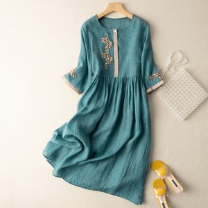 Casual <b>Dress</b> Mid Length Cotton Linen O Neck <b>Elastic</b> Waist Embroidery Vintage Daily Wear Breathable Splicing Design - Product Image 1