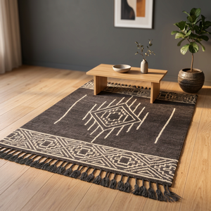 Bohemian Geometric Area <b>Rug</b> Rectangle Dark Gray Cream Fringe Flat Weave Living Room <b>Rug</b> Non Slip Latex Backing - Product Image 1