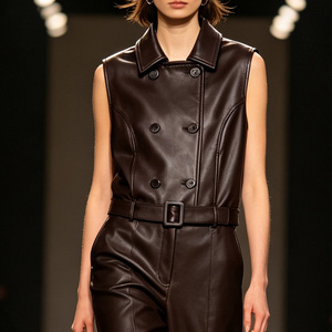 <span class=keywords><strong>Gilet</strong></span> slim en cuir de mouton tanné végétal avec ceinture et revers pour femme, collection Printemps 2026, modèle HN6146-1 - Product Image 1