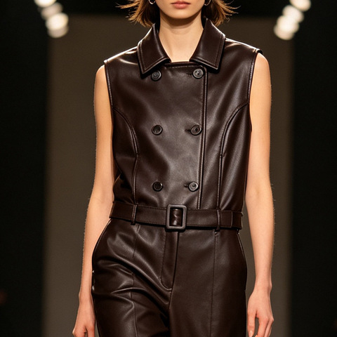 HN6146-1 2026 Spring Women's Slim Biker Waistcoat with Belt Lapel Vegetable-Tanned Sheepskin Vest