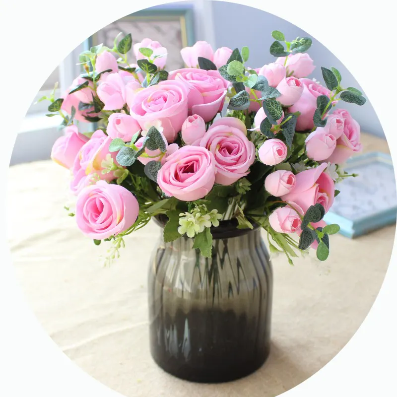 Buquê de flores artificiais para casamento, buquê de flores rosas com 7 garfos e folhas de eucalipto, novidade de 32 cm