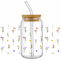 Autocollants imperméables vintage floraux UV DTF |   Étiquettes en cristal 3D résistantes aux rayures pour bouteilles en verre Libbey de 16 oz
