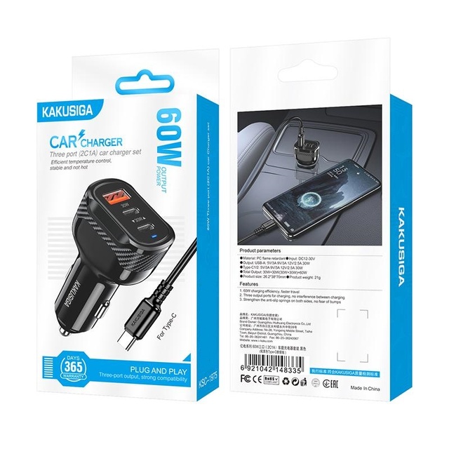 KAKUSIGA KSC-1975 Wholesale Price Type-C Three-Port (2C1A) Car Charger Set 60W Fast Charging Efficiency Output Anti-slip Upgrade