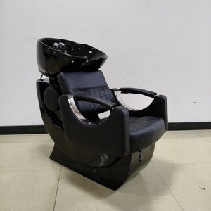 Modern All Black Salon Shampoo Chair with Glossy Ceramic Bowl Adjustable <b>Footrest</b> Chrome Fixtures Spa Hair Wash Station - Product Image 4
