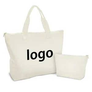 حقيبة داخلية من القماش للنساء قابلة لإعادة الاستخدام مخصصة للتسوق هدايا مكياج بسحاب إغلاق قطن تصنعها بنفسك حقيبة بيضاء