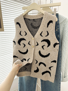 Chaleco de punto sin mangas con cuello en V y botones para mujer, estampado curvo, suelto, para otoño e invierno, ropa exterior para superponer, venta al por mayor - Product Image 1