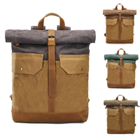 Sac à dos de voyage à enroulement pour homme, en toile cirée vintage avec finitions en cuir, grande capacité, sac à dos pour ordinateur portable