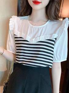 Vêtements pour femmes Mode estivale Patchwork coréen Couleurs contrastées Col en O Femme All-match Fashionable Striped Short Sleeve Tops - Product Image 5