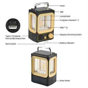 Lampes de camping suspendues portables vintage, lampe multifonction, lanterne rechargeable, lumières décoratives d'intérieur avec panneau solaire - Product Image 2