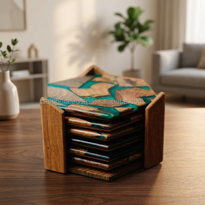 Handmade Wooden Resin Crafts <b>Coasters</b> Set Box Elegant Designer Modern Rustic Tabletop Decor Drinkware <b>Glass</b> Mats Pads Cup Soccer - Product Image 1