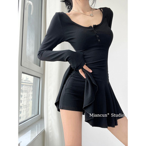U Neck Long Sleeve Fitted Waist Pleated Skirt Dress Women High Waisted Casual Daily Wear - Product Image 3