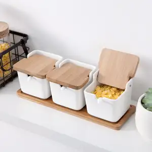 Simple style kitchenware seasoning box ceramic pot with wooden cover salt sugar pepper spice storage organizer rack