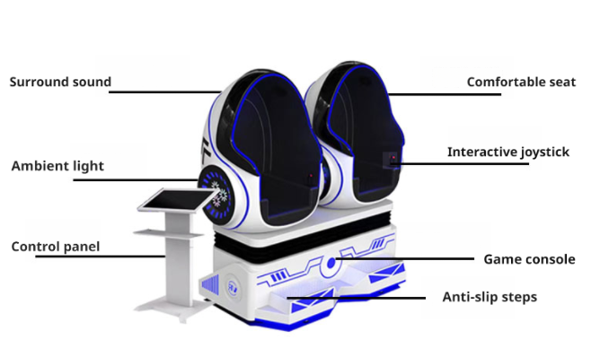ORANGLES Indoor Commercial Steel 9D VR Cinema Egg Chair | Adventure Park Theme, 2-Seat Motion Simulator, Virtual Reality Arcade Machine (Kuwait) - angled perspective - presenting advantages - Image 4 of 6 | fits any environment | Purchase Indoor Commercial Steel 9D VR Cinema Egg Chair | Adventure Park Theme, 2-Seat Motion Simulator, Virtual Reality Arcade Machine (Kuwait) Michigan | Free Shipping ORANGLES