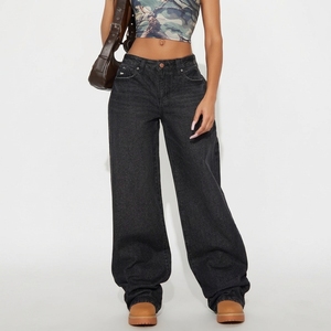 Jeans Baggy Neri da Donna OEM/ODM a Vita Alta, Gamba Larga, in Denim Lavato Effetto Vintage, Pantaloni Charcoal Vestibilità Ampia, Produzione di Fabbrica - Product Image 1