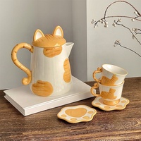 Bouilloire en céramique en forme de chat de dessin animé mignon, design unique fait main, avec soucoupe, pour eau, thé, lait, ensemble avec tasse