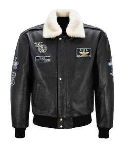 Veste pour homme en cuir véritable noir moulé sur mesure avec garniture en fourrure blanche, finition durable, fermeture éclair YKK, marque privée OEM/ODM - Product Image 1