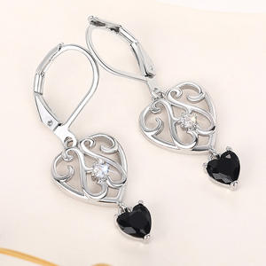 Boucles d'oreilles tibétaines en argent avec pierre noire et diamant, motif cœur, « l'amour est vrai, rien d'autre », bijoux de mariage pour femmes - Product Image 5