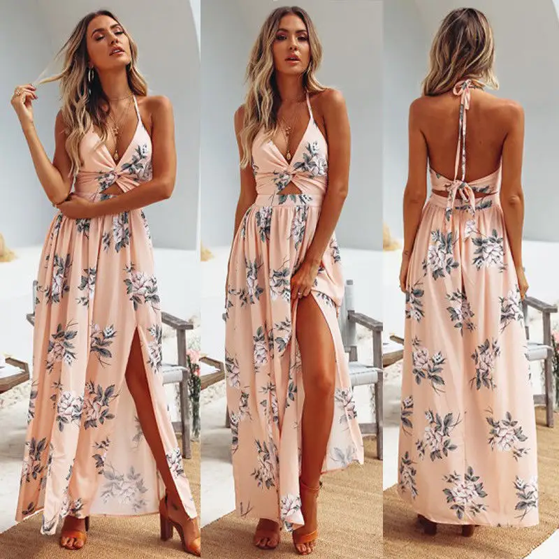 2022 Boho Summer Floral Long Maxi Dress Women Halter Backless Straps Evening Party Beach Holiday Wear Sun Dress