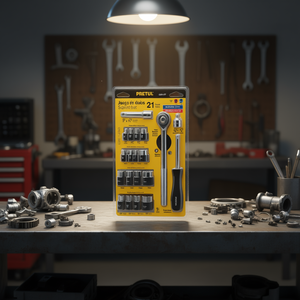 Jeu de douilles Pretul 21 pièces JUDA-25P, entraînement de 3/8 pouce, chromé, cliquet à poignée en T, entrée hexagonale, pointe dentelée, outil de mécanicien K - Product Image 3