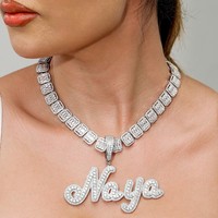 Collier Prénom Personnalisé Style Hip Hop Lettre Cursive Brossée Bicolore Pendentif Chaîne Diamantée