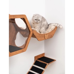 Wooden Wall Cat <b>Bed</b> Oval Natural Wood Color With Cushion For Cats Pet Furniture - Product Image 3