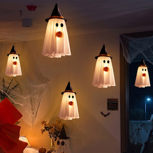 Décorations d'Halloween Fantômes Lumineux Suspendus, Ornements Chapeau de Sorcière en Tissu pour Bar, Magasin, Fête, Scène - Product Image 1