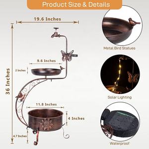 Bagno per uccelli in metallo da giardino con fiore fioriera piedistallo solare per uccelli antico bagno di rame con luce a stringa solare - Product Image 4