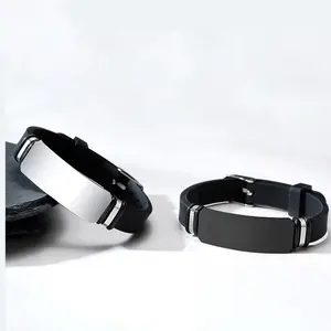 Silicone jewelry men's stainless steel curved brand silicone leather cord bracelet wristband can be engraved