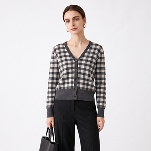 Cárdigan de Cachemira 100% Pura para <span class=keywords><strong>Mujer</strong></span>, Cuello en V, Diseño a Cuadros, 16.2μm, Tejido Stoll, Rastreable, Clásico, Casual de Negocios, Novedad 2026 - Product Image 4