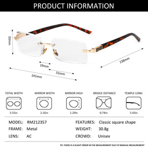 <strong>Fashion</strong> Custom Gold Square Eyeglasses Metal Rimless Diamond Cut Edge Anti Blue Light Blocking <strong>Reading</strong> <strong>Glasses</strong> for Men - Product Image 6